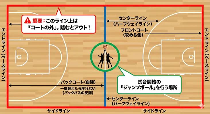 バスケットボールコートのライン名称と基本ルールの図解。エンドライン、サイドライン、センターラインの位置や、バックパスの反則、ジャンプボールを行うセンターサークルについて解説したイラスト。