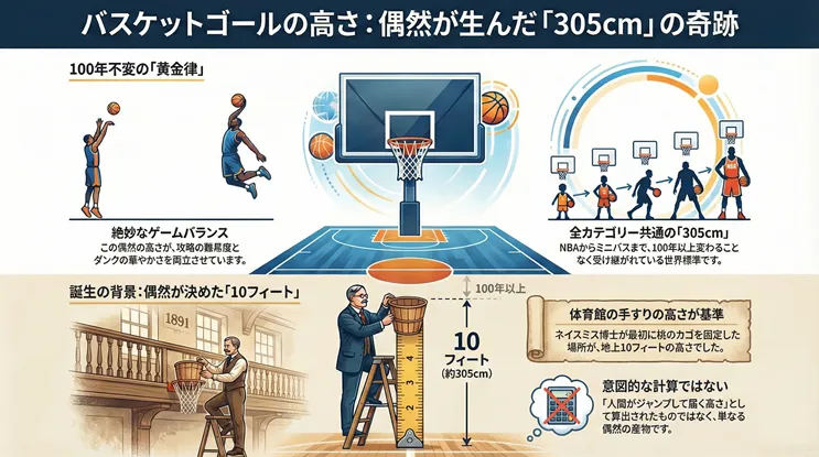 バスケットゴールの高さが305cm（10フィート）になった理由と歴史的背景。1891年に考案者ネイスミス博士が桃のカゴを体育館の手すりに設置した際、その高さが偶然10フィートだったことが起源。意図的な計算ではなく建物の構造による偶然の産物が、現在もNBAを含む世界標準として、絶妙なゲームバランスとダンクの魅力を支えていることを解説した図解イラスト。