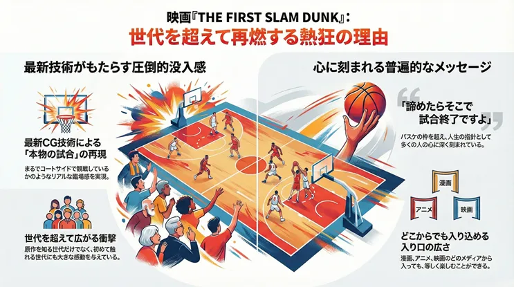 映画『THE FIRST SLAM DUNK』が世代を超えて熱狂を呼ぶ理由を解説した図解。「最新技術がもたらす圧倒的没入感」として最新CGによる本物の試合のようなリアリティや全世代への衝撃を、「心に刻まれる普遍的なメッセージ」として「諦めたらそこで試合終了ですよ」という名言や、漫画・アニメ・映画のどこからでも楽しめる入り口の広さを紹介している。