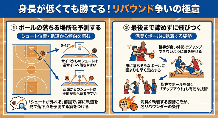 バスケットボールで身長が低くてもリバウンドで勝つための2つの極意。「ボールの落ちる場所を予測する」ためにシュートの軌道や位置（サイドや正面）から落下地点を読む方法と、「最後まで諦めずに飛びつく」ための泥臭い執着心、相手への体の寄せ方、チップアウトなどの技術を図解で解説。