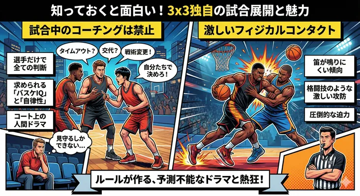 3x3（3人制バスケ）独自のルールと魅力を解説した図解。「試合中のコーチングは禁止」による選手主体の判断と、「激しいフィジカルコンタクト」による格闘技のような攻防という2つの特徴を対比させたイラスト。