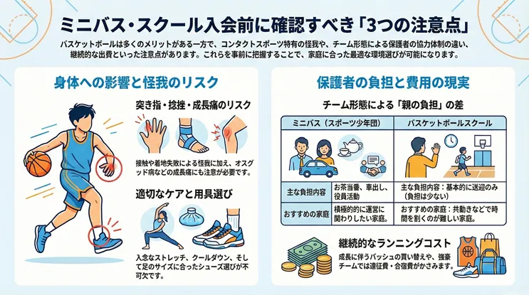 ミニバス・バスケットボールスクール入会前に確認すべき3つの注意点まとめ。怪我のリスク(突き指・捻挫・オスグッド病などの成長痛)とケア、保護者の負担(スポーツ少年団のお茶当番・車出し・役員活動とスクールの送迎のみの比較)、および継続的な費用(バッシュ買い替え・遠征費・合宿費)に関する図解。