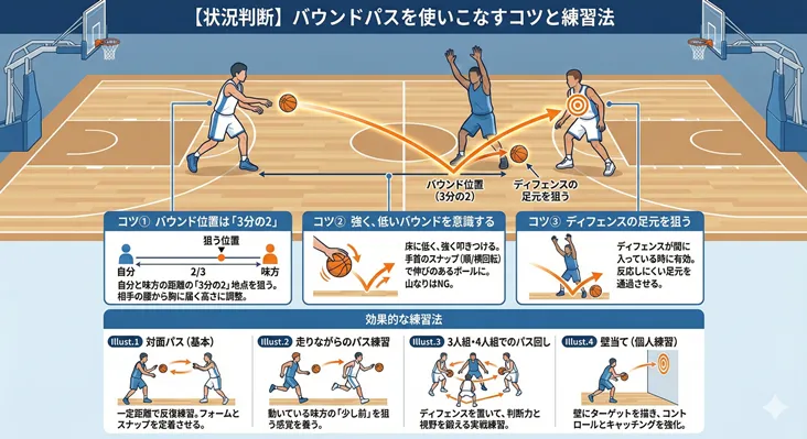 バスケットボールのバウンドパスのコツと練習法をまとめた図解。バウンドさせる位置は味方までの距離の3分の2、強く低い弾道でディフェンスの足元を狙うのがポイント。対面パス、ランニングパス、壁当てなどの練習メニューもイラストで解説。