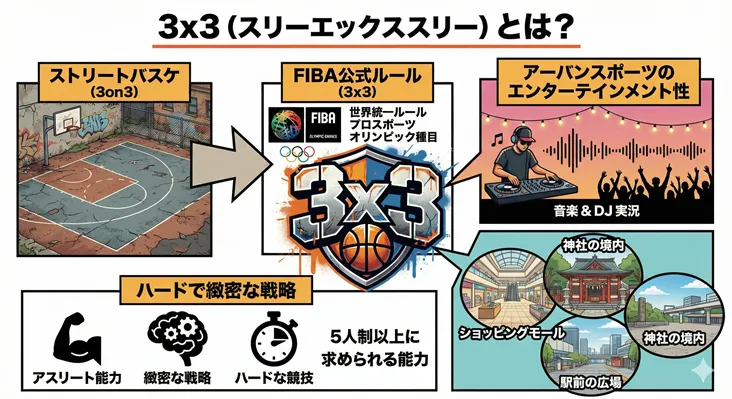 3x3（スリーエックススリー）とは？ストリートバスケ（3on3）からFIBA公式ルールのオリンピック種目への進化、アーバンスポーツとしてのエンターテインメント性、神社やショッピングモールなどの開催地、5人制以上に求められる戦略性を解説した図解