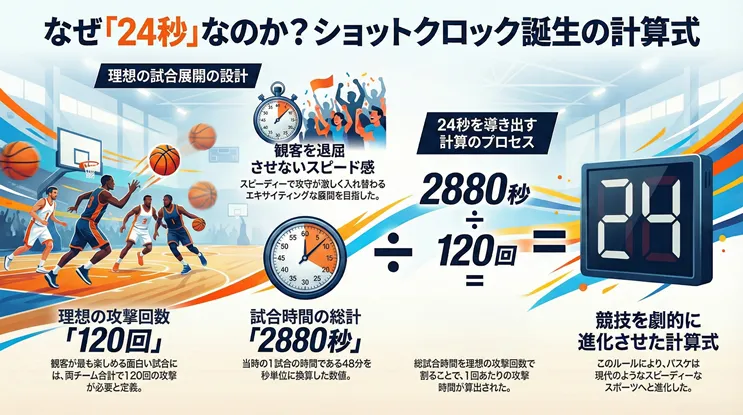 バスケットボールのショットクロックが「24秒」に設定された理由と誕生の計算式を解説するインフォグラフィック。「2880秒（1試合48分の総秒数）÷ 120回（両チーム合計の理想的な攻撃回数）＝ 24」という計算プロセスを中央に大きく表示。観客を退屈させないスピーディーな試合展開を目指し、1試合の総時間を理想の攻撃回数で割ることで1回あたりの攻撃時間が算出された背景と、このルール導入により競技が劇的に進化したことを説明している。