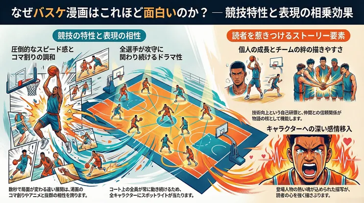 「なぜバスケ漫画はこれほど面白いのか？」をテーマに、バスケのアニメや漫画が持つ魅力を「競技特性」と「ストーリー要素」の観点から解説したインフォグラフィック。左側では、数秒で局面が変わるスピード感と漫画のコマ割りの相性の良さや、全選手が攻守に関わり続けるドラマ性を、ダンクシュートやコートの図解と共に説明。右側では、技術向上による個人の成長、チームの絆、キャラクターへの深い感情移入といった読者を惹きつける要素を、円陣を組む選手や熱い表情のイラストを用いて視覚的に紹介しています。