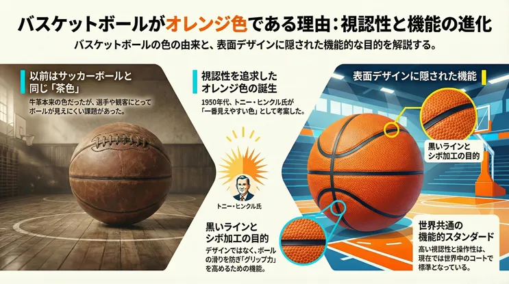 バスケットボールがオレンジ色である理由と歴史：以前の茶色のボールと比較し、1950年代にトニー・ヒンクル氏が視認性を追求してオレンジ色を考案した経緯や、黒いラインとシボ加工がグリップ力を高める機能的な目的であることを解説した図解
