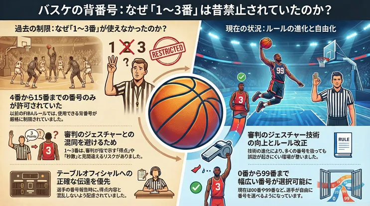 バスケの背番号で1番・2番・3番が昔禁止されていた理由と現在のルール改正を解説した図解。過去に審判の指を使ったジェスチャー（得点や秒数）との混同を避けるために4番から15番に制限されていた背景や、現在は0番から99番まで自由化された経緯を比較している。