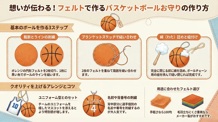 フェルトで作るバスケットボール型お守りの作り方を3ステップで解説するイラスト。1.オレンジのフェルトの裁断と黒い糸でのライン刺繍、2.ブランケットステッチでの縫い合わせ、3.綿詰めとボールチェーン用の紐付けの手順を紹介。部活の引退や試合の応援プレゼントに最適な、ユニフォーム型とのセットや名前・背番号刺繍のアレンジ、手芸用フェルトの選び方のコツも掲載。