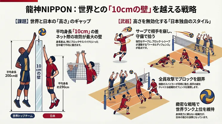 男子バレーボール日本代表「龍神NIPPON」の世界戦略を解説する図解。世界トップチーム(平均200cm超)と日本(平均約190cm)の間にある「10cmの壁」という課題に対し、サーブと連動した「トータルディフェンス」や、複数のスパイカーが同時に動く「全員攻撃」といった日本独自のスタイルで高さを無効化し、緻密な戦略と組織力で世界ランク上位を維持する仕組みを示している。