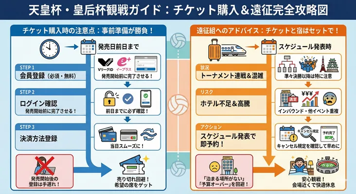 天皇杯・皇后杯バレーボール観戦ガイド:チケット購入手順(VリーグID・イープラス準備)と遠征時の宿泊予約アドバイスをまとめた攻略図