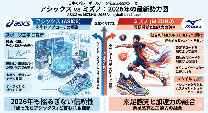 「2026年最新版、バレーボールシューズ2大メーカーであるアシックス（ASICS）とミズノ（MIZUNO）の特徴比較インフォグラフィック。アシックスはGELテクノロジーによる衝撃吸収と安定性、ミズノはMIZUNO ENERZYによる素足感覚と加速力を強みとしています。」