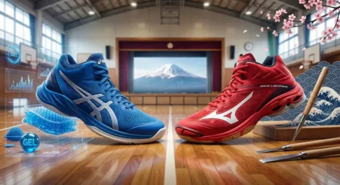 バレーボールシューズの2大メーカー、アシックス（青）とミズノ（赤）の比較イメージ。アシックスの「GEL」テクノロジーによるクッション性と、ミズノ「ウエーブライトニング」の伝統的な操作性の違いを、近未来的なホログラムと日本伝統の浮世絵モチーフで表現した体育館の背景画像。
