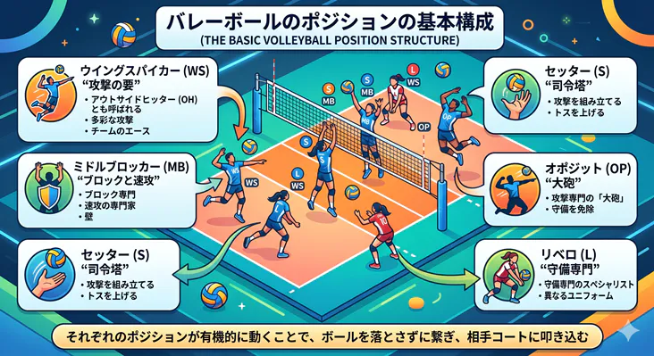 バレーボールの基本ポジション（ウイングスパイカー、ミドルブロッカー、セッター、オポジット、リベロ）の配置とそれぞれの役割を分かりやすく解説した図解