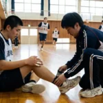 バスケットボール練習中にトレーナーから足首のテーピングを受ける選手。怪我予防とスポーツ障害対策の様子。