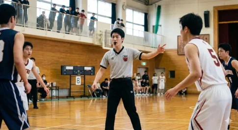 バスケットボールの試合でホイッスルを吹きジェスチャーを送るJBA公認審判員。審判ライセンスの取得方法や種類の解説。