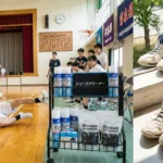 体育館の床で滑るバスケットボール選手と、バッシュの滑り止めスプレー・消臭剤などのメンテナンス用品一式。窓際で乾燥・消臭ケアを行うアシックスのバスケットシューズ。