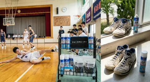 体育館の床で滑るバスケットボール選手と、バッシュの滑り止めスプレー・消臭剤などのメンテナンス用品一式。窓際で乾燥・消臭ケアを行うアシックスのバスケットシューズ。