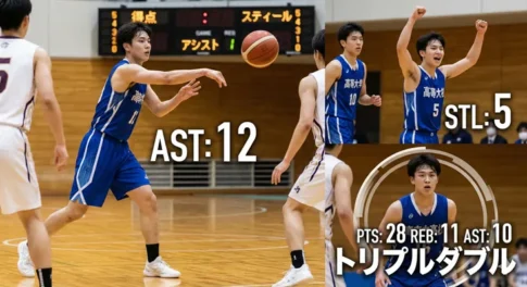 バスケの試合スタッツ解説画像。トリプルダブルを達成した青いユニフォームの選手のハイライト。28得点(PTS)、11リバウンド(REB)、10アシスト(AST)の記録と、スティール(STL)5、アシスト12のプレーシーン。