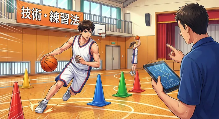 バスケットボールの技術・練習法を解説する体育館でのトレーニング風景。カラーコーンを使ったドリブル練習をする男子選手と、シュート練習をする女子選手、手元のタブレットで戦術を指示するコーチのイラスト。