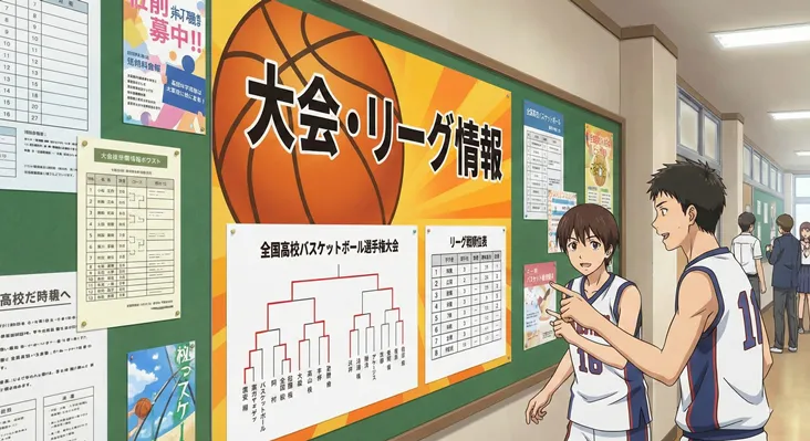 高校の廊下の掲示板でバスケットボール大会のトーナメント表とリーグ順位表を確認する、ユニフォーム姿の男子バスケ部員のアニメイラスト。