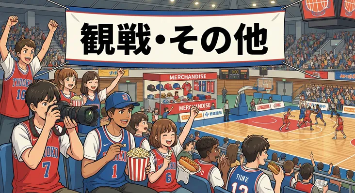 バスケットボールの試合を観戦・応援するファンのアニメ風イラスト。「観戦・その他」の横断幕が掲げられたスタジアムで、ユニフォームを着た観客がポップコーンを食べたり写真を撮ったりして楽しむ様子。