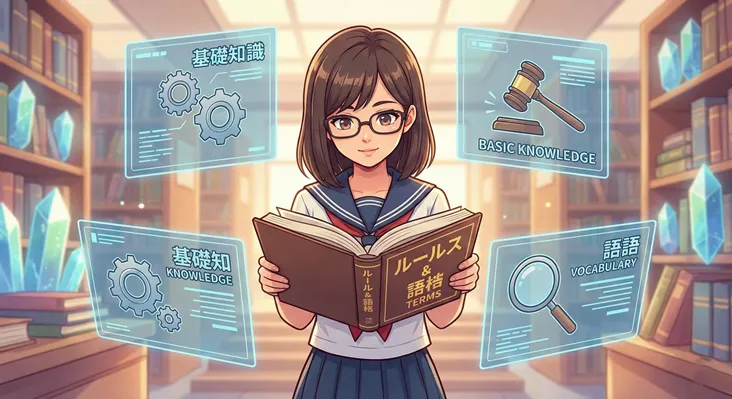 基礎知識と基本ルール、用語解説を学ぶ女子学生のアニメイラスト。図書館を背景に、眼鏡をかけたキャラクターが「ルール＆語彙」の本を開き、周囲に「BASIC KNOWLEDGE」や「VOCABULARY」のホログラムが浮かんでいる様子。