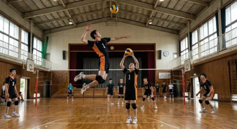 体育館でバレーボールのスパイクを打つ選手。ハイキューの烏野高校を彷彿とさせる黒とオレンジのユニフォームを着用し、セッターのトスに合わせて高くジャンプする躍動感あふれる実写シーン。