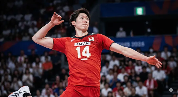 バレーボール男子日本代表(龍神NIPPON)の石川祐希選手が、赤いユニフォーム(背番号14)で力強いスパイクを放つ試合中の躍動感あふれるシーン