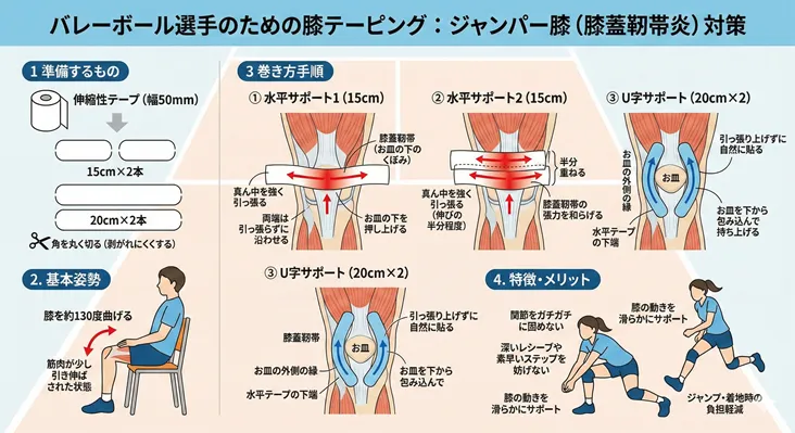 バレーボール選手のジャンパー膝(膝蓋靭帯炎)対策テーピングの巻き方解説図。50mm幅の伸縮性テープを使用し、15cmを2本、20cmを2本準備します。基本姿勢は膝を約130度に曲げた状態。手順は3ステップ:①膝蓋靭帯の窪みを真ん中から強く引き上げ貼る水平サポート1、②その上に半分重ねて貼る水平サポート2、③お皿の下から包み込むように外縁に沿って貼る2本のU字サポート。メリットとして、関節を固定しすぎず滑らかな動きをサポートし、バレーの深いレシーブやジャンプ・着地時の負担を軽減することを説明しています。