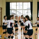 体育館で笑顔でハイタッチを交わす9人制ママさんバレーボールチームの選手たち