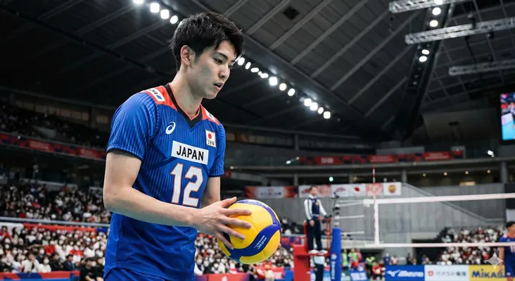 バレーボール男子日本代表「龍神NIPPON」の高橋藍選手。背番号12の青いユニフォーム姿で、試合中にミカサのバレーボールを手に持ち集中する様子