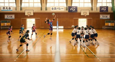 体育館で6人制バレーボール（左側）と9人制バレーボール（右側）のチームが対峙する比較画像。左側の6人制は攻撃的なスパイクシーン、右側の9人制は大人数での守備陣形を描いており、コート内の人数差やルールの違いを視覚的に解説している。背景には「6人制」「9人制」のパネルとバレー部の横断幕。