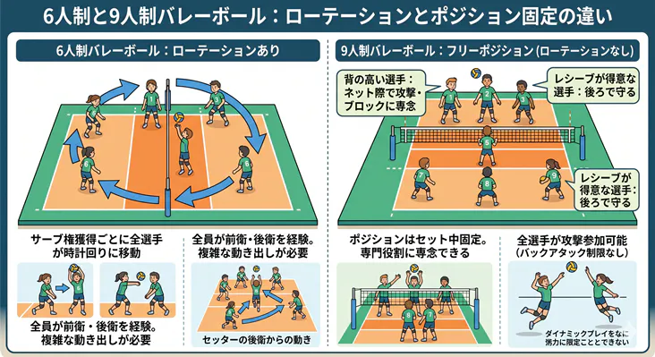 「6人制と9人制バレーボールのルールの違いを比較した図解。ローテーションがあり全員が移動する6人制と、ローテーションがなく専門ポジションに固定される9人制の配置の違いを解説しています。」