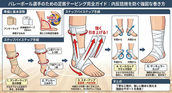 バレーボール選手向け足首テーピングの巻き方ガイド。内反捻挫を防ぐ非伸縮性テープを用いた手順(アンダーラップ、アンカー、スターアップ、ヒールロック、サーキュラー)を図解。