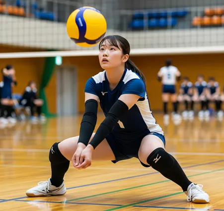 バレーボール用アームスリーブを着用し、低い姿勢でレシーブの構えをとる女子バレーボール選手。黒のサポーターとアームスリーブが腕の筋肉をサポートし、安定したレシーブフォームを維持している様子。
