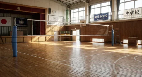 日本の学校の体育館に設置されたバレーボールコートとネット、窓から日差しが差し込む木製の床と部活動の風景