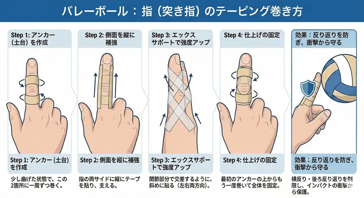 バレーボールの突き指対策:指のテーピングの巻き方を解説した図解。ステップ1のアンカー作成から、側面補強、エックスサポート、仕上げの固定まで4段階の手順と、反り返り防止や衝撃保護の効果を説明しています。