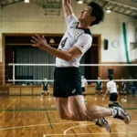 高い打点からスパイクを打つバレーボール選手の理想的なジャンプフォームと空中姿勢