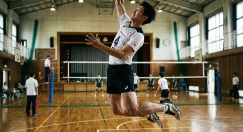 高い打点からスパイクを打つバレーボール選手の理想的なジャンプフォームと空中姿勢