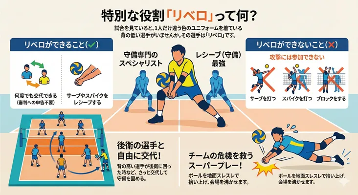 バレーボールのポジション「リベロ」の役割とルールを解説したインフォグラフィック。守備専門のスペシャリストとしての特徴や、できること（自由な交代、レシーブ）、できないこと（サーブ、スパイク、ブロック等の攻撃）を図解。異なる色のユニフォームを着用する理由や、後衛選手との交代ルールについても説明しています。