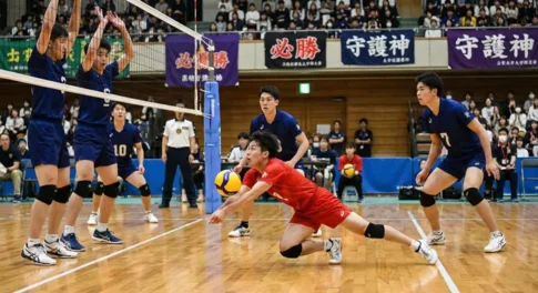 バレーボールの試合でチームと異なる色のユニフォームを着たリベロが、低い姿勢でフライングレシーブを行いボールを拾う守備シーン