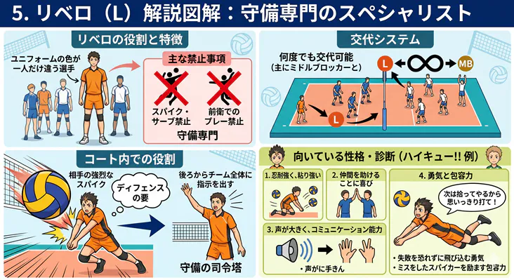 バレーボールのポジション「リベロ」の役割と特徴を解説した図解。一人だけ違うユニフォームの色、スパイクや前衛プレー禁止などのルール、ミドルブロッカーとの無制限な交代システム、ディフェンスの要としての役割、リベロに向いている性格を分かりやすくまとめています。