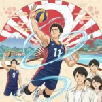 日本代表のユニフォームを着たバレーボール選手の男子キャラクターがスパイクを打つアニメイラスト。背景に富士山、東京タワー、桜、旭日旗が描かれた日本文化のデザイン。