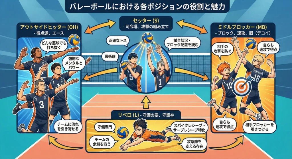 バレーボールの各ポジション（OH、S、MB、L）の役割と魅力を解説した図解。アニメ「ハイキュー!!」の烏野高校メンバーをモデルに、セッターの司令塔としての役割やミドルブロッカーの囮（デコイ）効果など、専門的な動きを視覚的にまとめたインフォグラフィック。