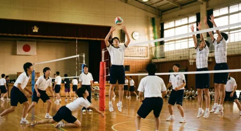 体育館でバレーボールの練習試合をする男子高校生たち。セッターがジャンプトスを上げ、ネット際のブロッカー2人がジャンプして守備につき、レシーバーが構えているプレー風景