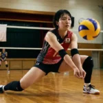 バレーボールのレシーブ上達のコツを示す、理想的なアンダーハンドパスのフォーム。足を大きく開き、膝を曲げて低い重心を保ちながら、ボールから目を離さず腕の面を作って構える女子選手の様子。
