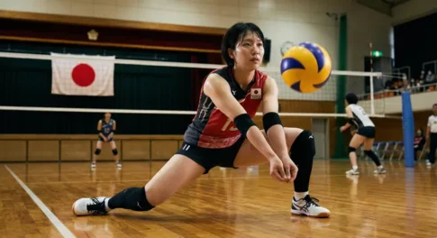 バレーボールのレシーブ上達のコツを示す、理想的なアンダーハンドパスのフォーム。足を大きく開き、膝を曲げて低い重心を保ちながら、ボールから目を離さず腕の面を作って構える女子選手の様子。