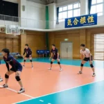 バレーボールのローテーションと基本ルールの指導風景。日本体育大学の男子選手6人がコート上でレシーブの構えをとり、コーチがホワイトボードを用いてポジション移動や役割を解説している様子。