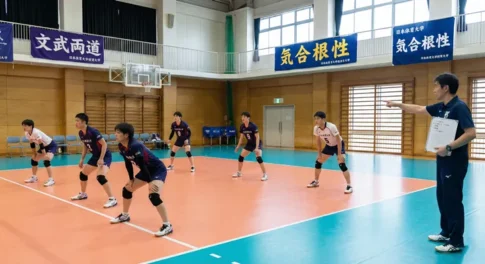 バレーボールのローテーションと基本ルールの指導風景。日本体育大学の男子選手6人がコート上でレシーブの構えをとり、コーチがホワイトボードを用いてポジション移動や役割を解説している様子。
